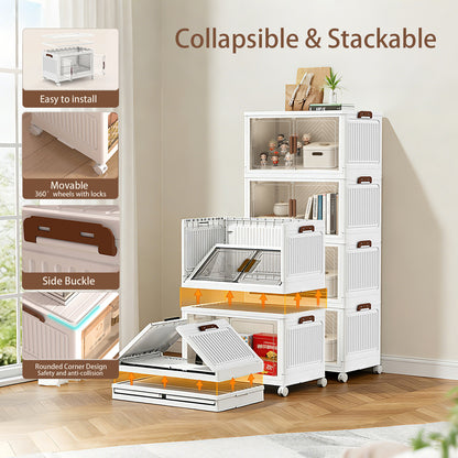 YHIPL Stackable Storage Bins with Lids & Magnetic Doors,  Foldable Storage Cabinet with Wheels, Transparent Plastic Storages Drawers for Bedrooms, Living Rooms, and Studies