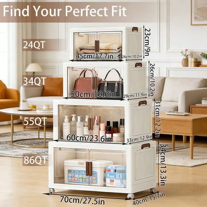 YHIPL Stackable Storage Bins with Lids & Magnetic Doors,  Foldable Storage Cabinet with Wheels, Transparent Plastic Storages Drawers for Bedrooms, Living Rooms, and Studies