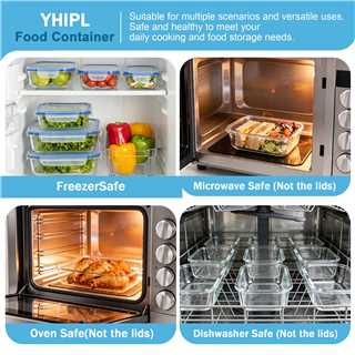 YHIPL 8-Pack Glass Storage Container Set with Snap Airtight Lids for Microwave, Freezer and Dishwasher Safe, Leak Proof Glass Lunch Boxes, Blue
