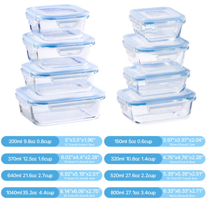 Asnews 16Pcs Glass Food Storage Containers with Lids Set, Airtight Bento Boxes, for Microwave, Oven, Freezer and Dishwasher Safe