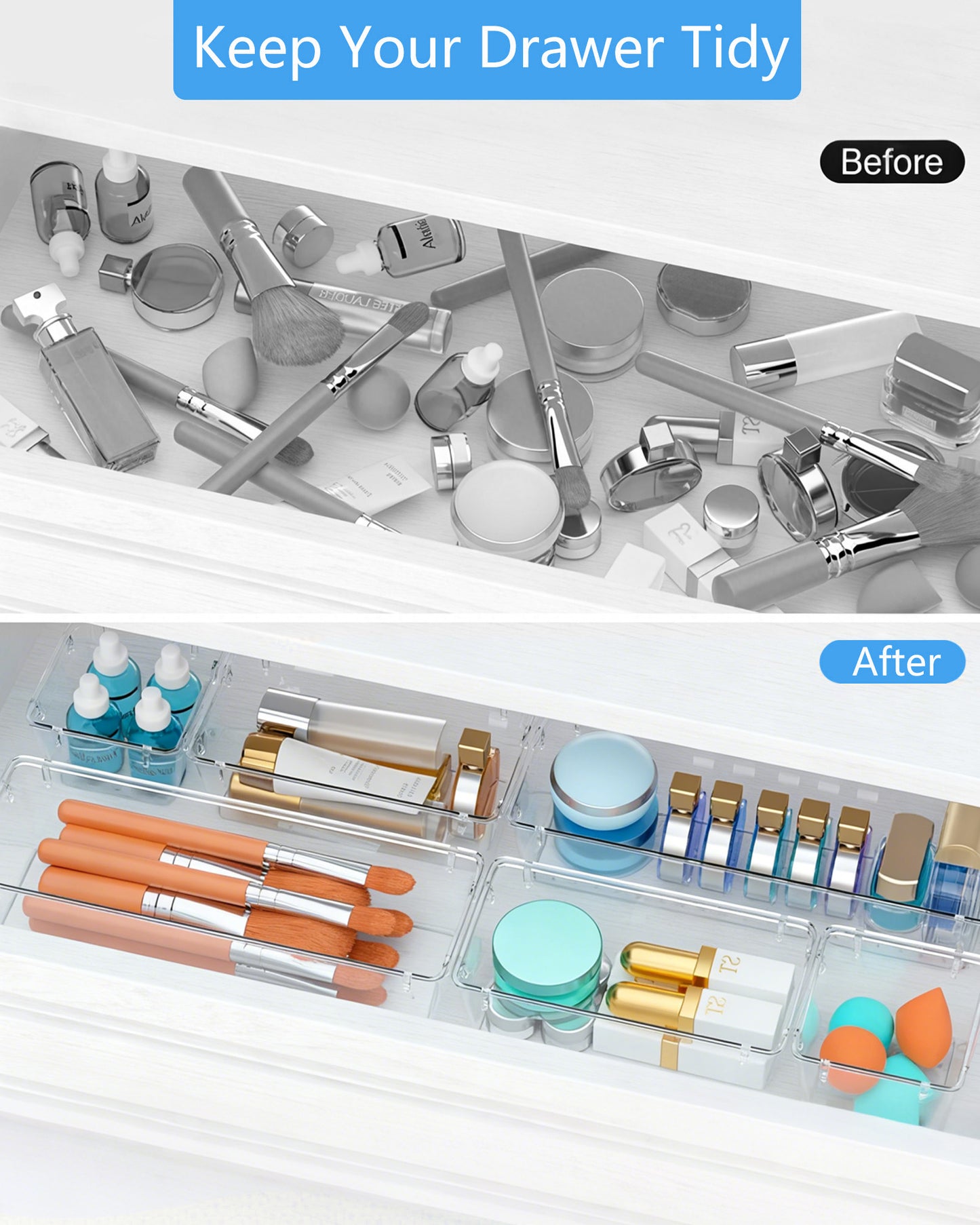Asnews Plastic Drawer Organizers Set, Multiple Vanity Organizer, Makeup and Desk Drawer Organizer Trays, Organization and Storage for Makeup, Bathroom, Kitchen Utensils and Office