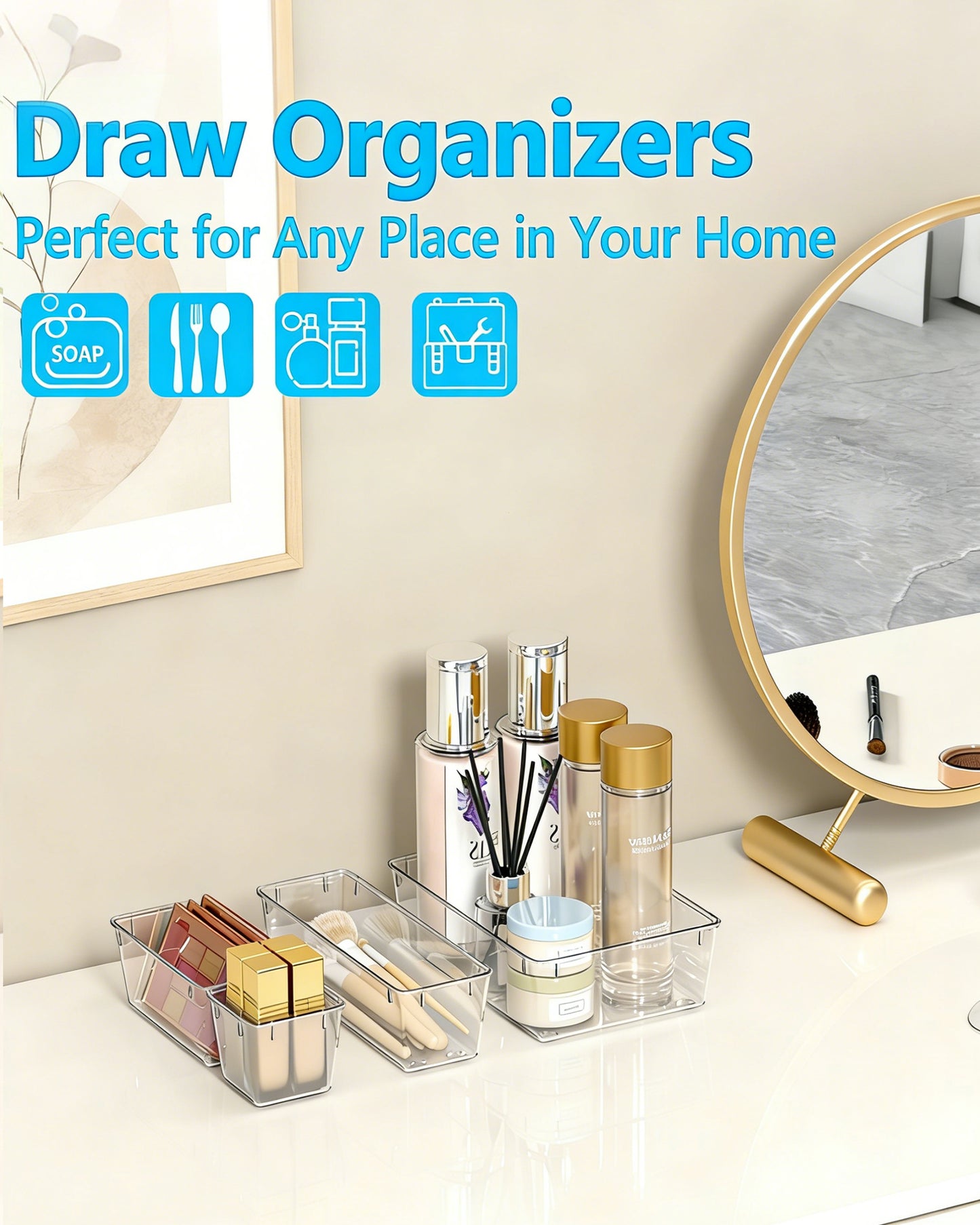 Asnews Plastic Drawer Organizers Set, Multiple Vanity Organizer, Makeup and Desk Drawer Organizer Trays, Organization and Storage for Makeup, Bathroom, Kitchen Utensils and Office