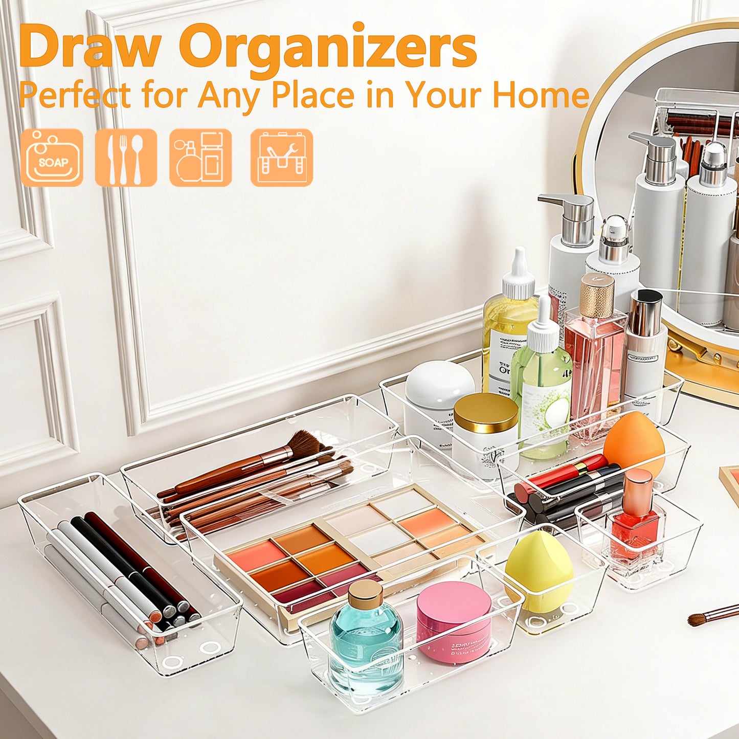 Asnews Plastic Drawer Organizers Set, Multiple Vanity Organizer, Makeup and Desk Drawer Organizer Trays, Organization and Storage for Makeup, Bathroom, Kitchen Utensils and Office