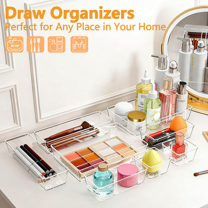 Asnews Plastic Drawer Organizers Set, Multiple Vanity Organizer, Makeup and Desk Drawer Organizer Trays, Organization and Storage for Makeup, Bathroom, Kitchen Utensils and Office